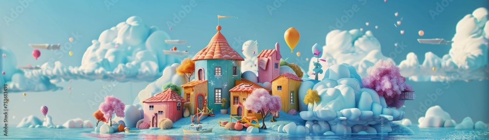 This whimsical 3D illustration showcases a serene, floating island village amidst fluffy clouds, pastel-colored foliage, and vibrant hot air balloons.