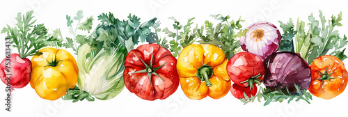 Watercolor vegetable assortment creating vibrant, fresh background, watercolor, white background 