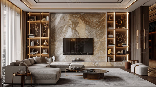 A grand living room in a luxurious country house, showcasing a statement marble wall in soft earth tones