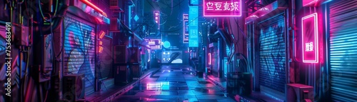 A vivid 3D illustration of a neon-lit alleyway in a cyberpunk cityscape at night, reflecting a high-tech, urban dystopian world.