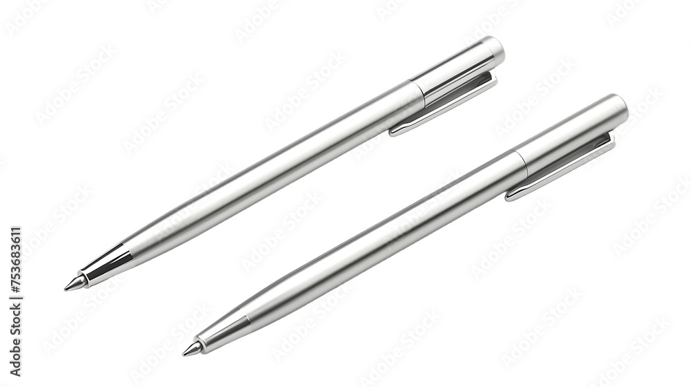 minimalist matte silver ballpoint pen in two positions isolated on transparent background - obrazy, fototapety, plakaty 