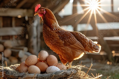 A proud hen stands beside freshly laid eggs, basking in the warm glow of sunlight inside a rustic barn