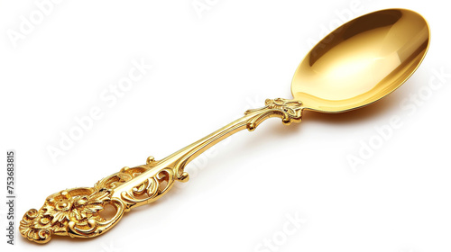 A luxurious golden spoon with ornate details, set against a simple white background.