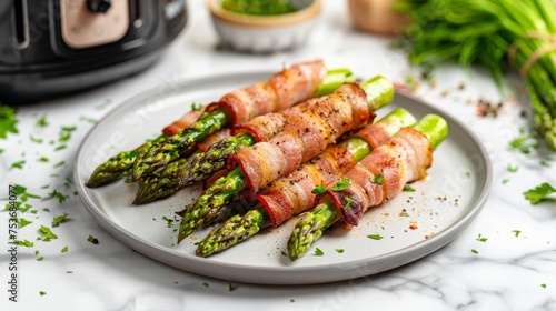 Bacon-wrapped asparagus on serving platter.