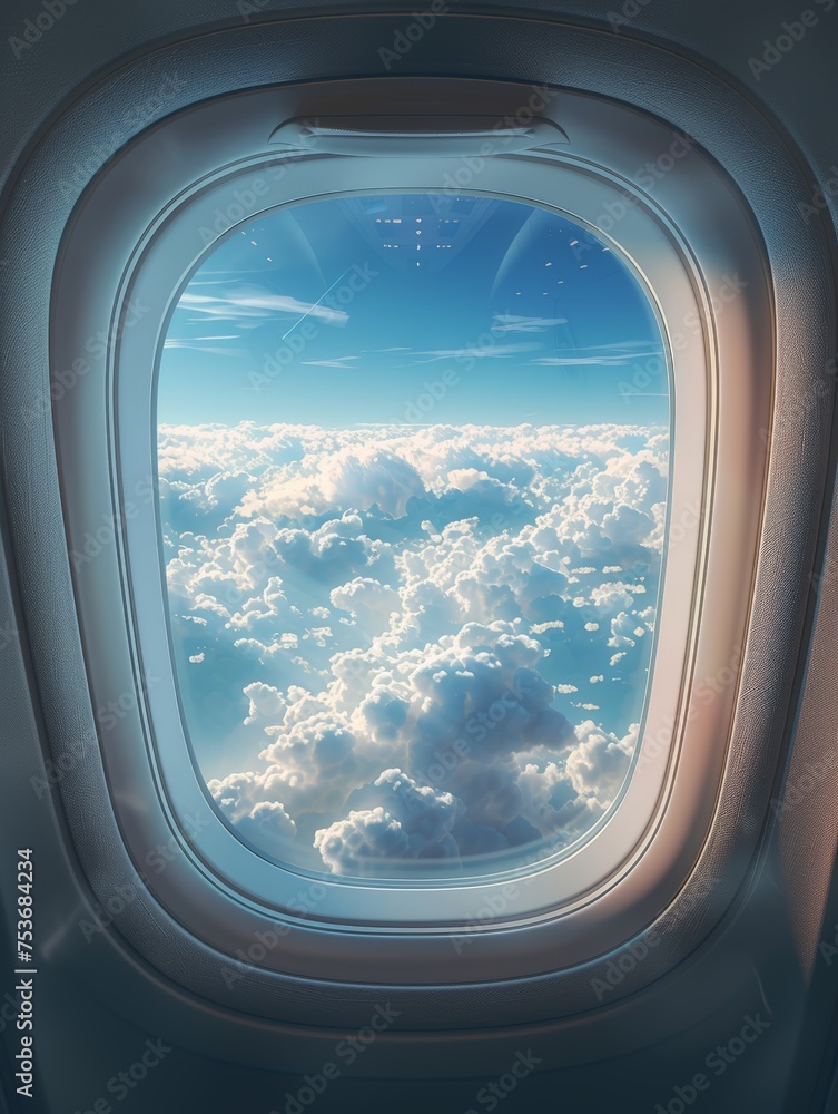 Aircraft window with a view of the blue sky and white clouds outside Aircraft window with a view of the blue sky and white clouds outside