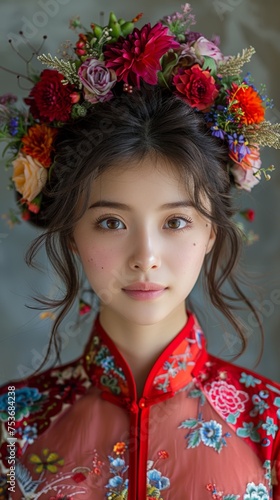 Asian female is depicted wearing red Chinese clothing, adorned with a wreath of flowers on her head