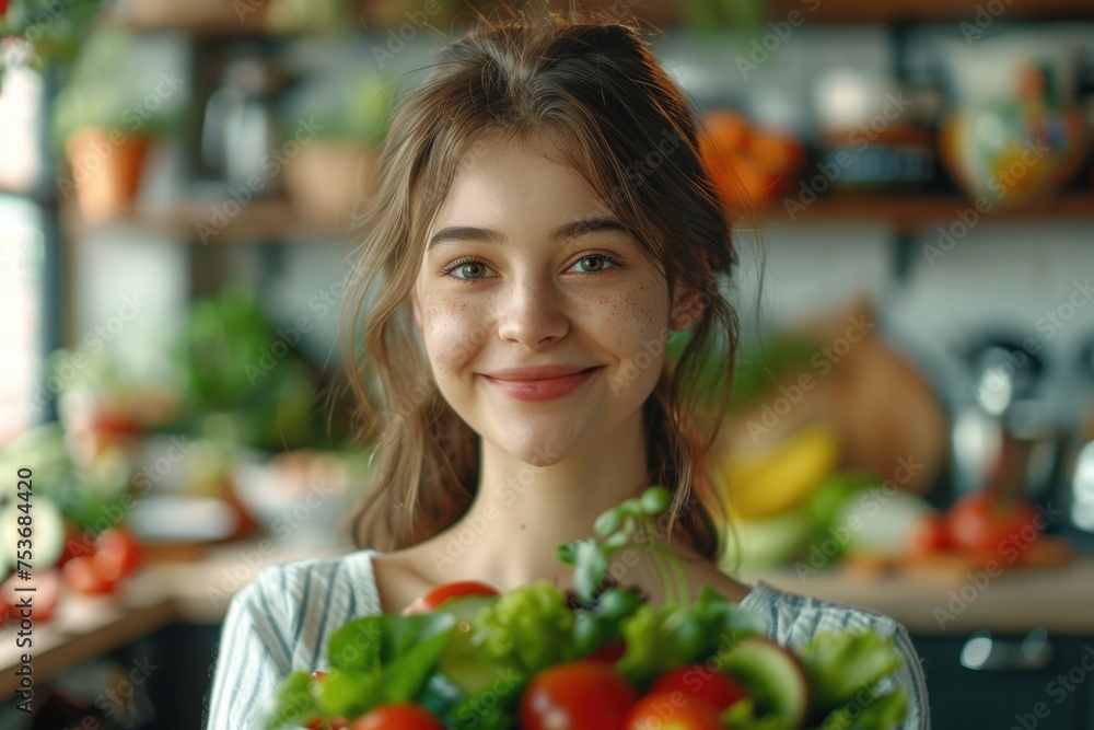 camera focus on face, very detailed face, Young smiling ute woman eating healthy fresh salad 
