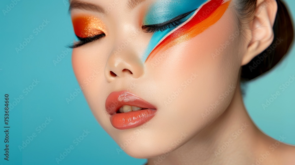 Close-up, Portrait of fashionable child model with fantasy makeup for cosmetics advertising Close-up, Portrait of fashionable child model with fantasy makeup for cosmetics advertising
