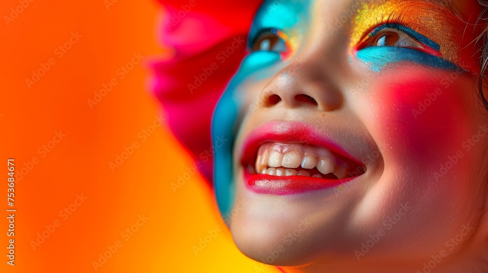 Close-up, Portrait of fashionable child model with fantasy makeup for cosmetics advertising