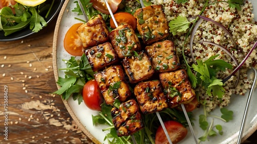 Herb-marinated tempeh skewers served with a side of quinoa salad