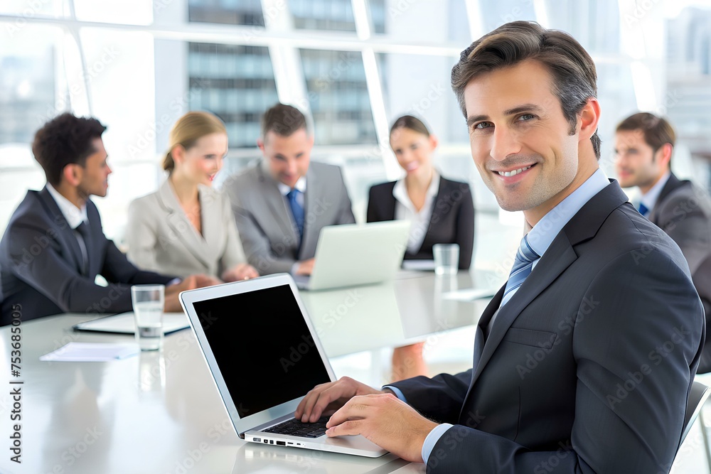 Happy Business Man with Laptop and Blurred Colleagues in the Background Happy Business Man with Laptop and Blurred Colleagues in the Background