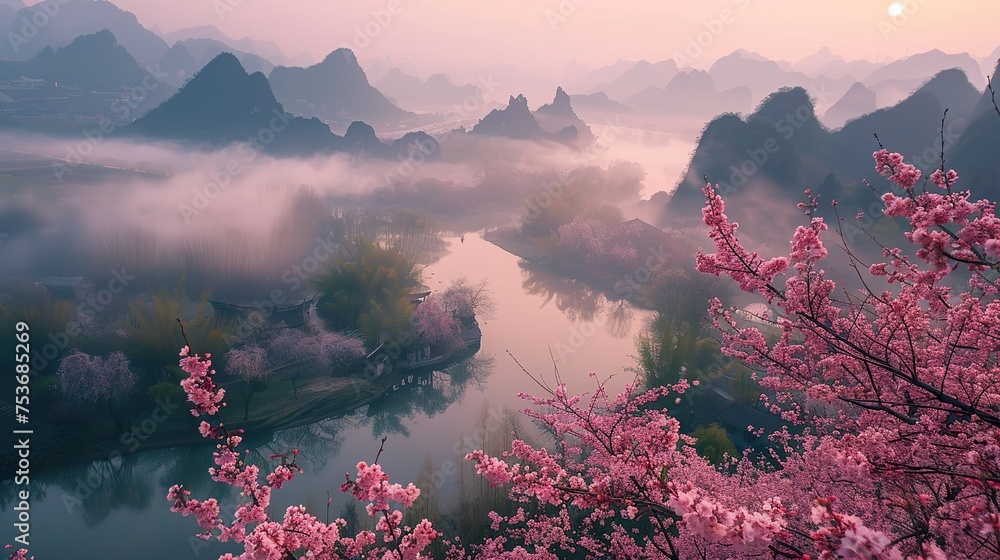 Landscape of mountains and fog in the distance, sunrise, cherry Flowers and villages