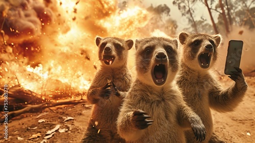 Group of wild bears taking a selfie with a mobile phone in the fire photo