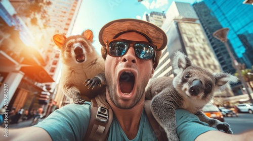 Surprised man takes selfies with koalas in the city
