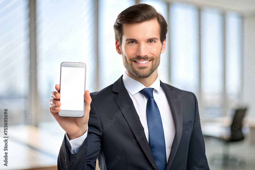 Confident businessman showcasing smartphone with blank mockup
Confident businessman showcasing smartphone with blank mockup