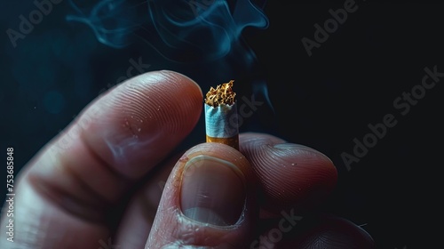 World No Tobacco Day. The man's fingers hold one smoking cigarette. Holding on to a healthier choice. © Евгений Федоров