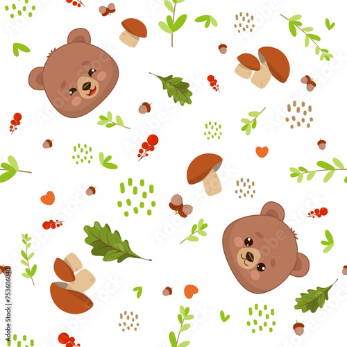 Cute clumsy bear head the Scandinavian pattern. Seamless texture for textile, fabric, clothing, packaging, paper, stationery, children s room.