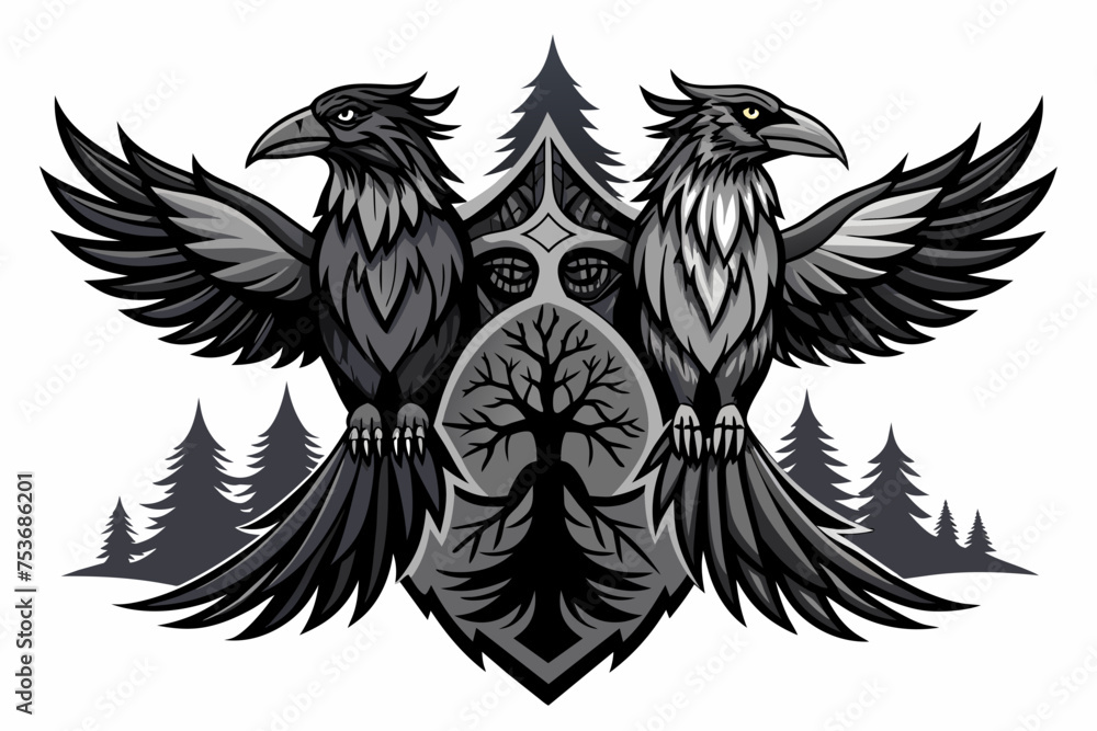 oden-s-two-ravens-2d--trees--high-definition-tattoo vector illustration