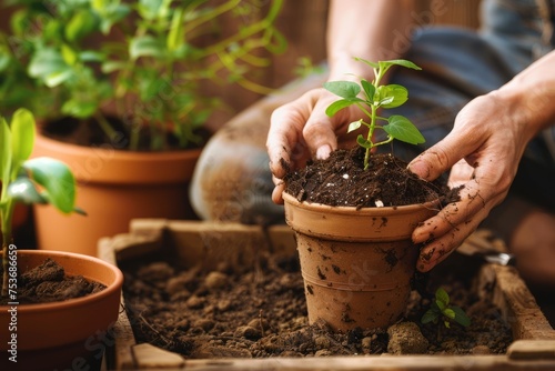 Close-up of hands planting a young green plant in a terracotta pot filled with soil, surrounded by other potted plants indoors.