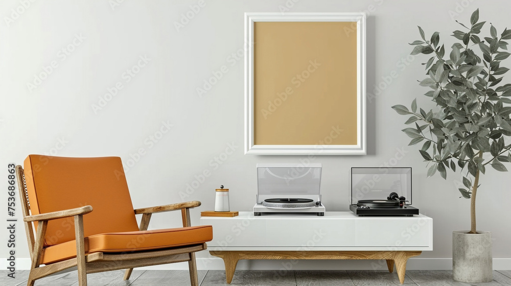 A mid-century lounge chair, a classic record player, and a grey wall frame mock-up.