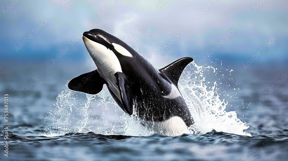 Obraz premium A majestic orca leaps from the ocean, water cascading off its black and white body against a cloudy sky.