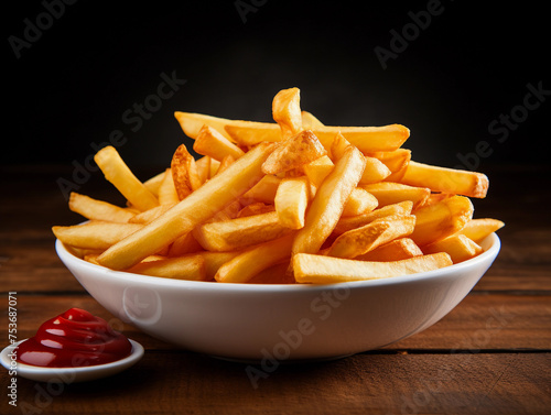 Fried french fries in a bowl with paper and ketchup in a bowl, fast food 