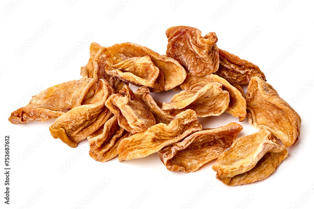 Dried persimmons, close-up, isolated on white background.