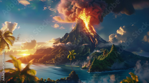 Volcanic eruption on the tropical island, lava island on sunset 