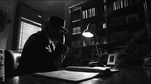 thinking detective in the style of Noir film. Black and white vintage Detective