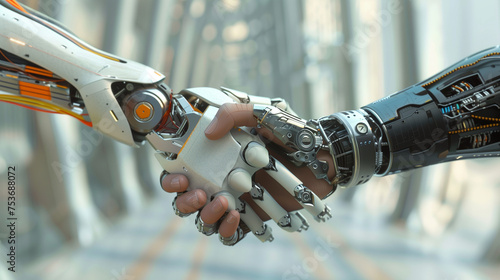 robot and cybrog man shaking hand, cyber concept photo