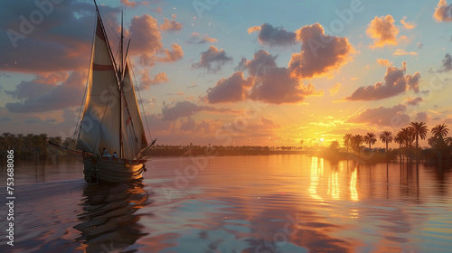 Beautiful Egyptian sailboat on the Nile river at sunset.
