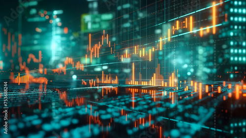 A computer generated image of a city with a lot of orange and green lines. The image is of a stock market with a lot of numbers and graphs. Scene is intense and busy