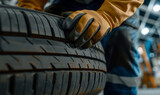 Professional Mechanic Holding New Car Tire. Close-up of a mechanic's gloved hands holding a new car tire in an auto repair shop, highlighting quality vehicle maintenance.