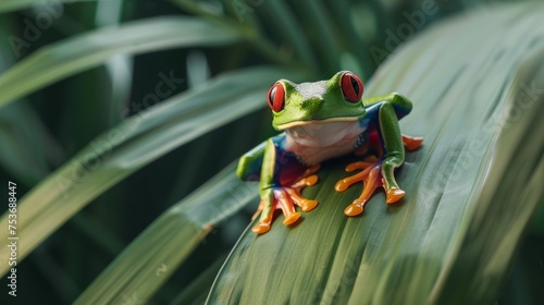 Vibrant green tree frog with orange feet and red eyes, perched on a lush green leaf.
