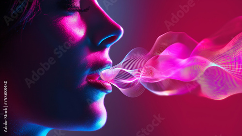Futuristic Neon Profile with Soundwave Art. Close-up of a woman's profile in neon lighting, with a vibrant digital soundwave flowing from her mouth. AI Artificial Intelligence technology. photo