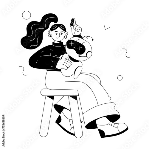 A doodle mini illustration of girl fixing dead robot 