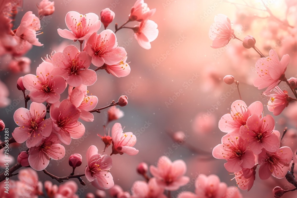 Pink cherry blossoms in full bloom on a tree during spring, creating a beautiful background with fresh and delicate petals. Pink cherry blossoms in full bloom on a tree during spring, creating a beautiful background with fresh and delicate petals.