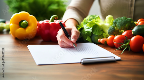 Nutritionist writing on paper with fruits on table - ai generative