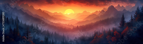 A picturesque landscape with mountains, a colorful sunset, and a serene forest under a morning sky.
