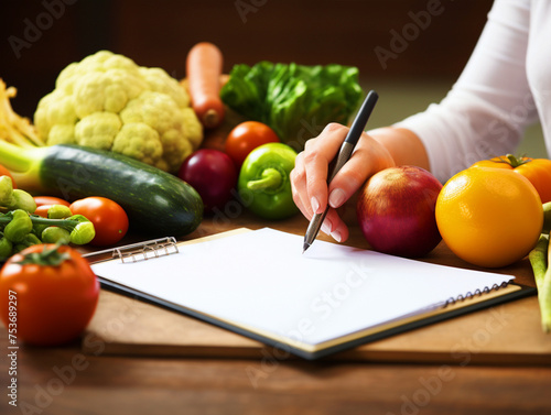 Nutritionist writing on paper with fruits on table - ai generative