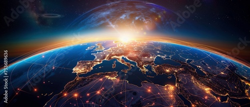 Europe's Central Role in the Digital Sphere. Global Communications. global connectivity on earth, data transfer international telecommunication.