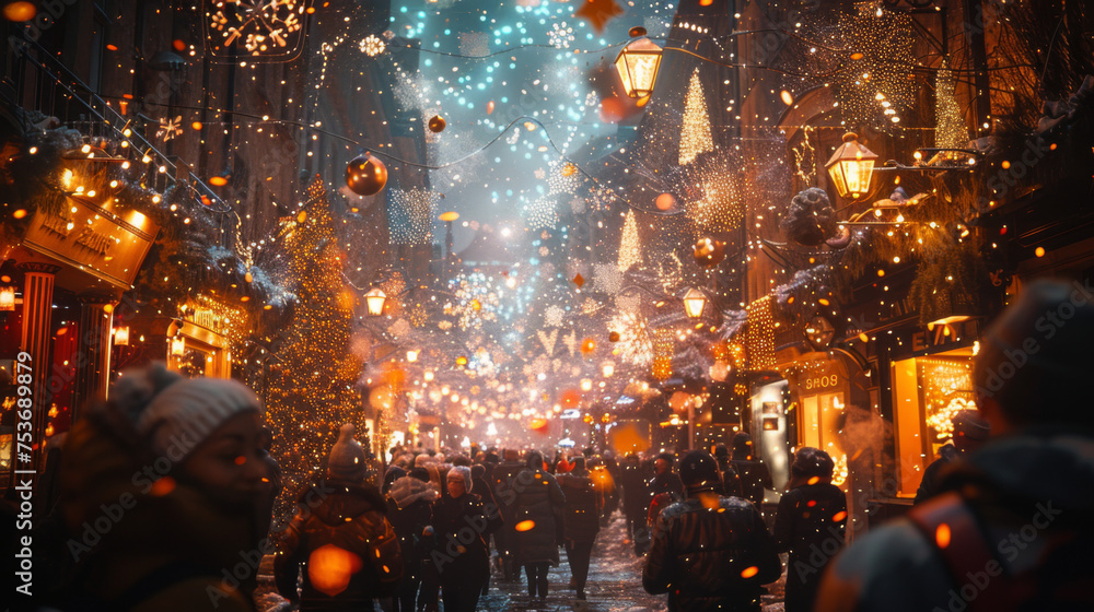 Naklejka premium New Year concept - cheering crowd and fireworks.