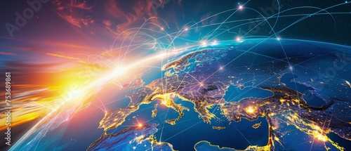 Europe's Central Role in the Digital Sphere. Global Communications. global connectivity on earth, data transfer international telecommunication.