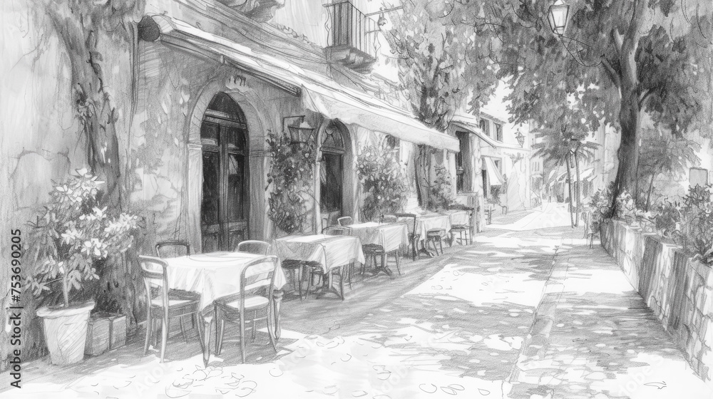 Quaint European street cafe scene sketched in pencil on paper - obrazy, fototapety, plakaty 