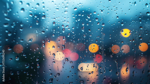 Close-up of raindrops on a window with colorful bokeh background