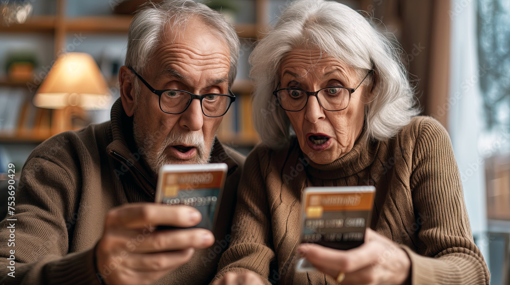 A shocked elderly couple became the victim of an online fraud by using a phone credit card to pay for an online order of goods on a suspicious website. Concept of the financial fraud A shocked elderly couple became the victim of an online fraud by using a phone credit card to pay for an online order of goods on a suspicious website. Concept of the financial fraud