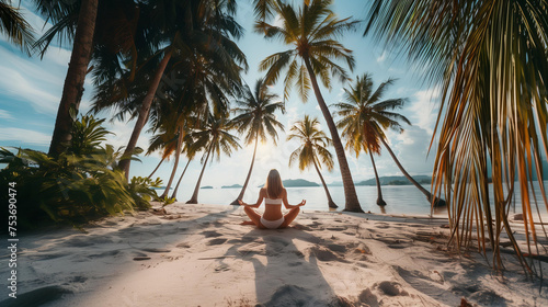 Back view of young woman, full body, doing yoga at beach during sunset, the paradise islands by the sea, calm and zen photo