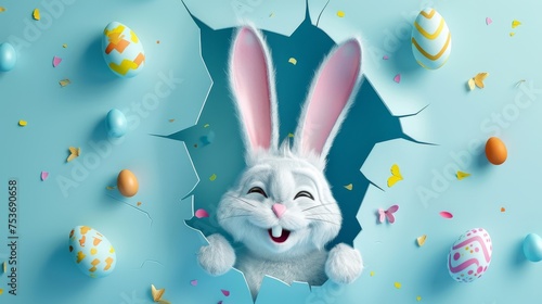 A cheeky cartoon Easter bunny winking as it peeks out from a torn hole, with Easter eggs scattered around.