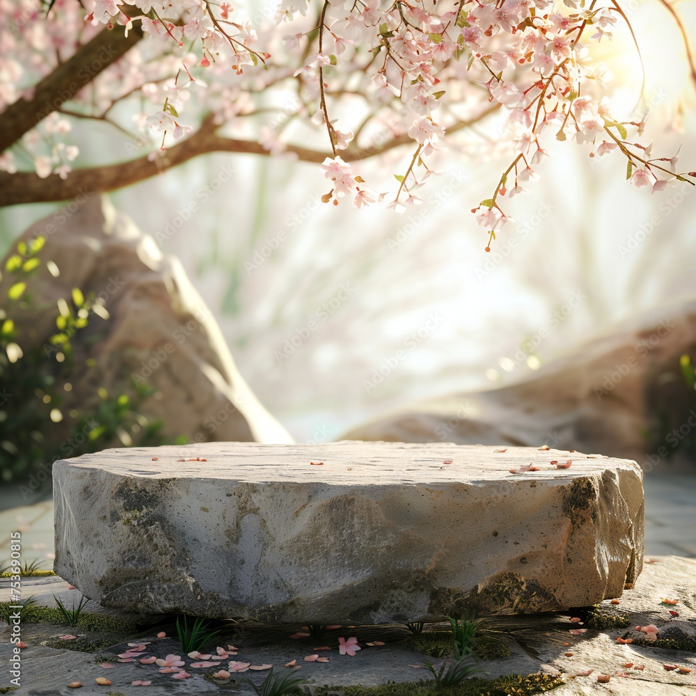 Empty stone podium and spring scene in the background Generative Ai Empty stone podium and spring scene in the background Generative Ai