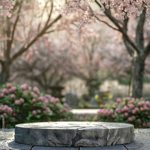 Empty stone podium and spring scene in the background Generative Ai 